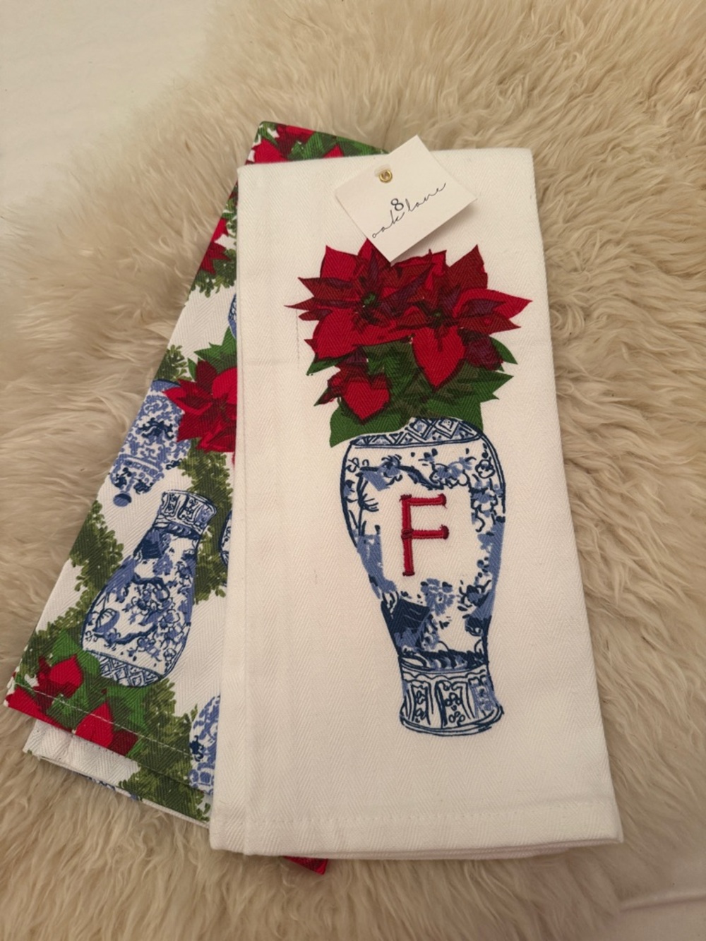 8 Oak Lane Poinsettia Blue vase Christmas Holiday Monogram F Kitchen Towel set